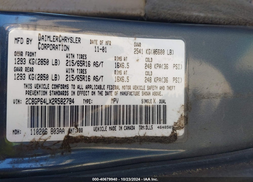 2002 CHRYSLER TOWN & COUNTRY LIMITED VIN: 2C8GP64LX2R582794