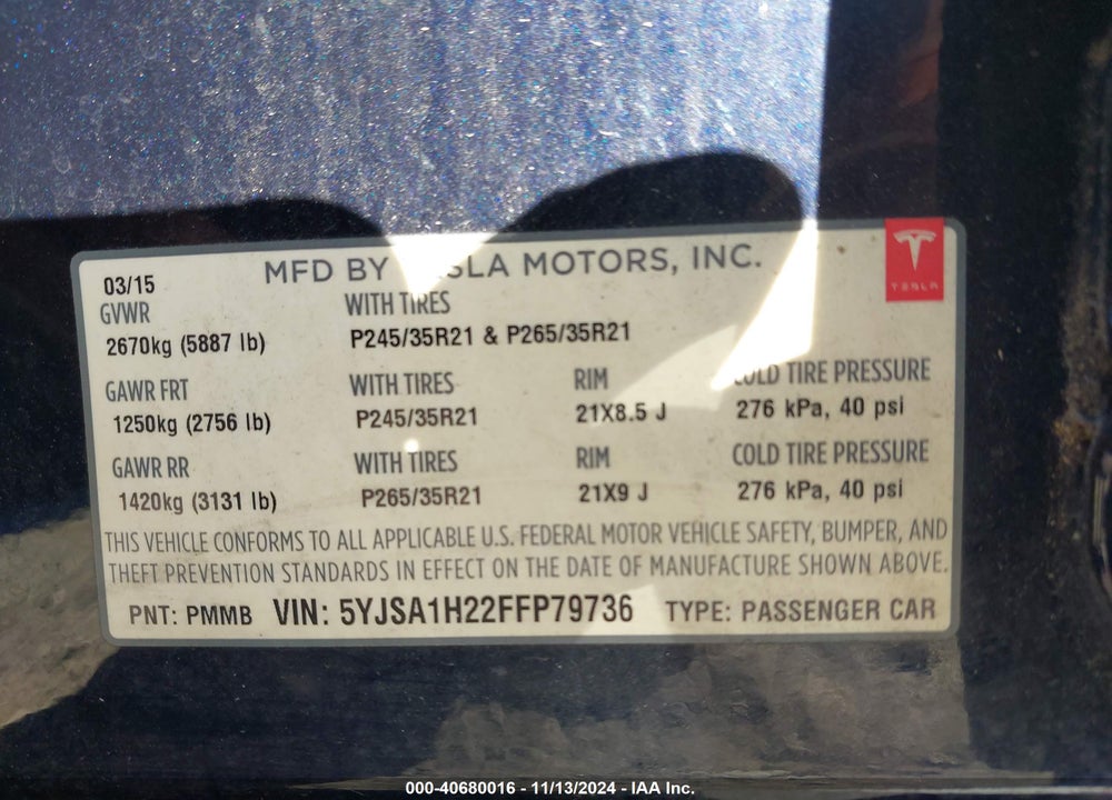 2015 TESLA MODEL S 70D/85D/P85D VIN: 5YJSA1H22FFP79736