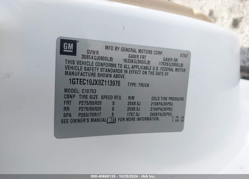2008 GMC SIERRA 1500 SLE1 VIN: 1GTEC19JX8Z113976