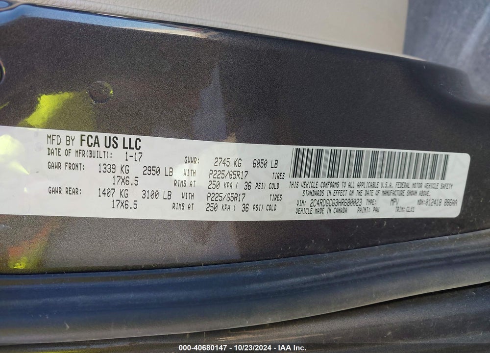 2017 DODGE GRAND CARAVAN SXT VIN: 2C4RDGCG3HR680023