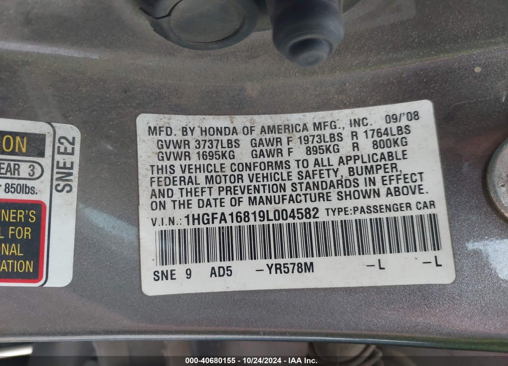 2009 HONDA CIVIC EX VIN: 1HGFA16819L004582