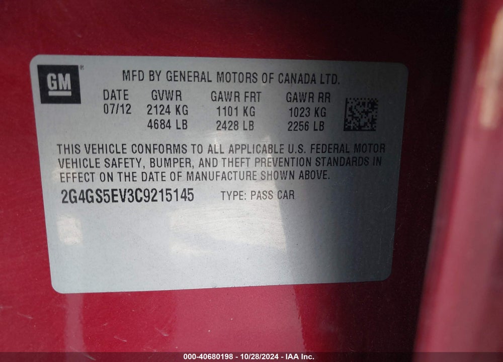 2012 BUICK REGAL TURBO PREMIUM 1 VIN: 2G4GS5EV3C9215145