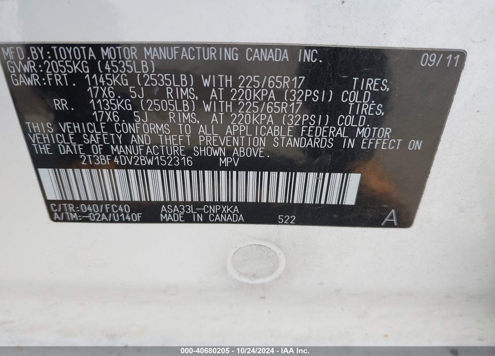 2011 TOYOTA RAV4 VIN: 2T3BF4DV2BW152316