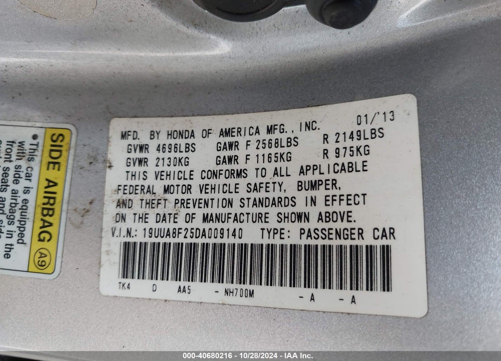2013 ACURA TL 3.5 VIN: 19UUA8F25DA009140