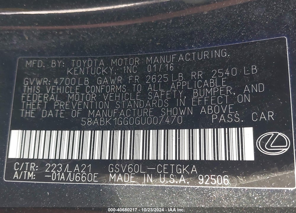 2016 LEXUS ES 350 VIN: 58ABK1GG0GU007470