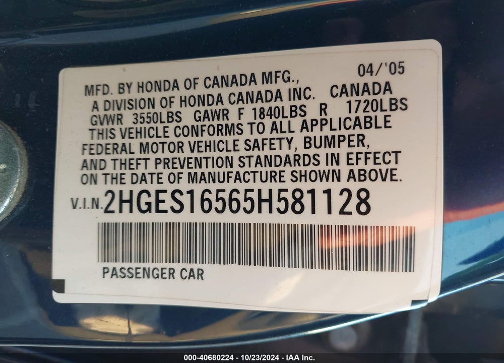 2005 HONDA CIVIC LX VIN: 2HGES16565H581128