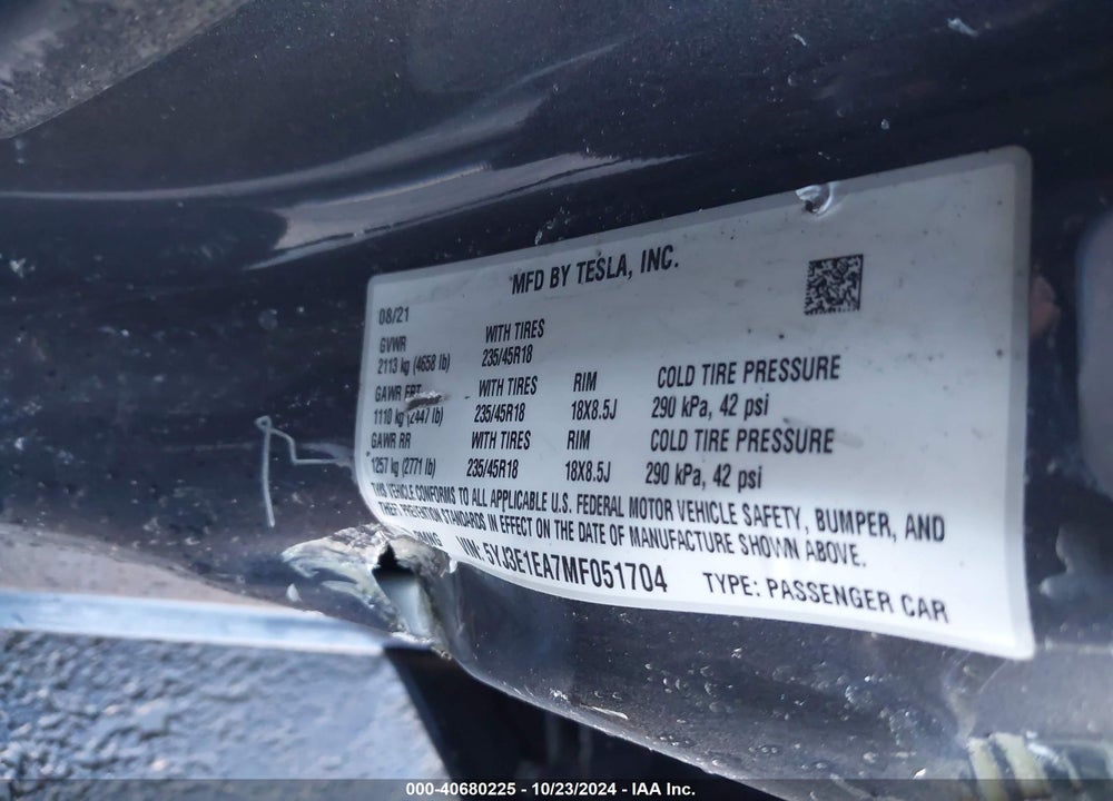 2021 TESLA MODEL 3 STANDARD RANGE PLUS REAR-WHEEL DRIVE VIN: 5YJ3E1EA7MF051704