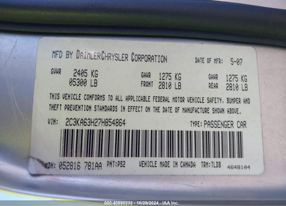2007 CHRYSLER 300C VIN: 2C3KA63H27H854864