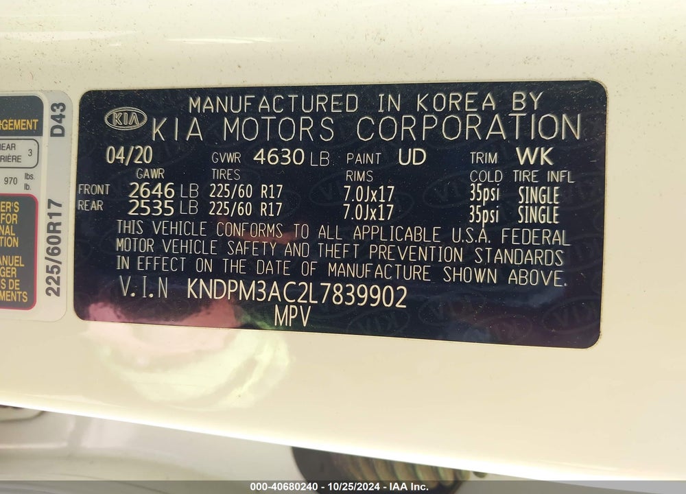 2020 KIA SPORTAGE LX VIN: KNDPM3AC2L7839902