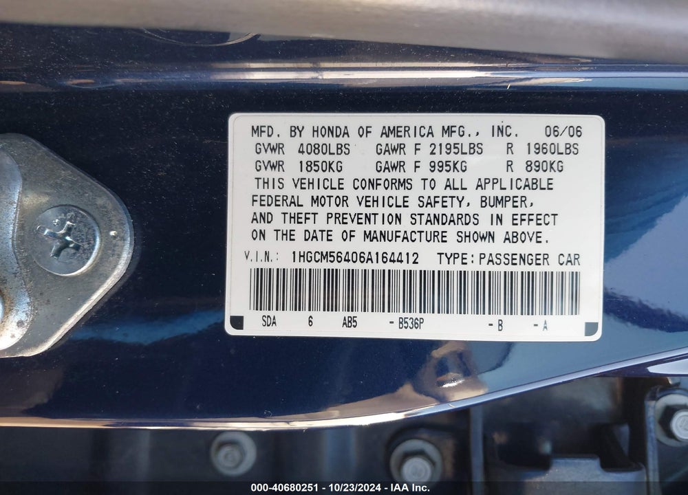 2006 HONDA ACCORD 2.4 LX VIN: 1HGCM56406A164412