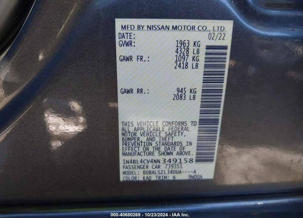 2022 NISSAN ALTIMA SR FWD VIN: 1N4BL4CV4NN349158