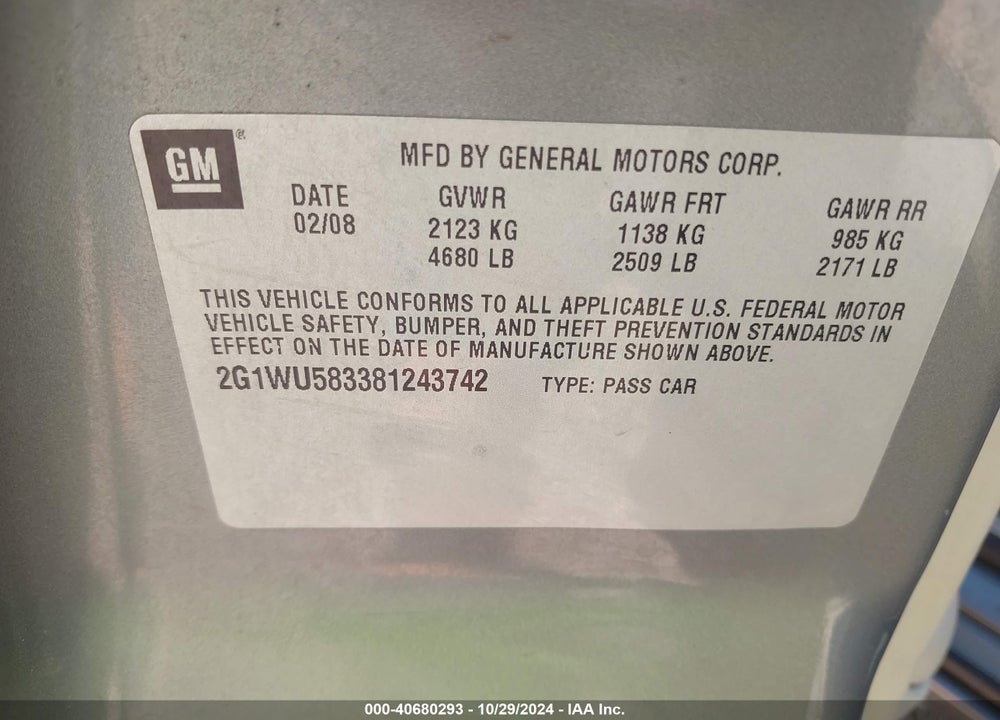 2008 CHEVROLET IMPALA VIN: 2G1WU583381243742