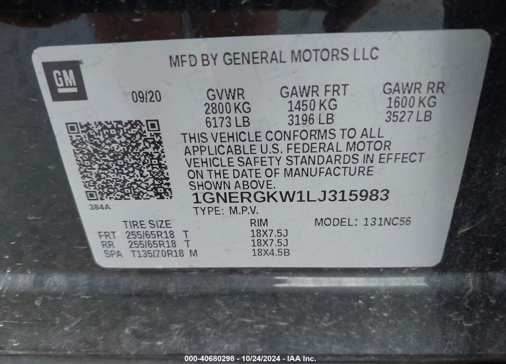 2020 CHEVROLET TRAVERSE FWD LT CLOTH VIN: 1GNERGKW1LJ315983