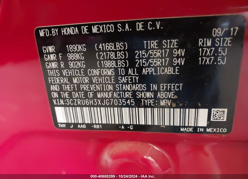 2018 HONDA HR-V LX VIN: 3CZRU6H3XJG703545