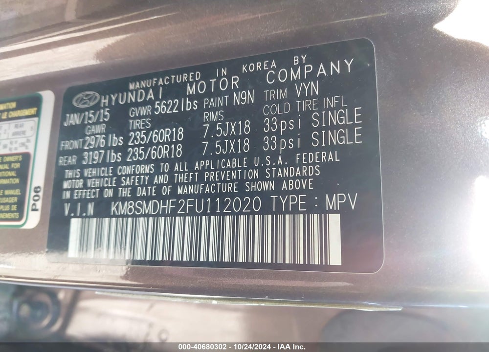 2015 HYUNDAI SANTA FE GLS VIN: KM8SMDHF2FU112020