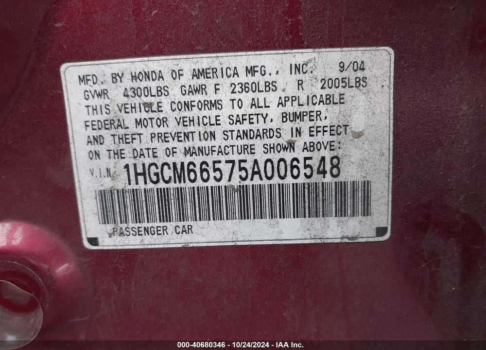 2005 HONDA ACCORD 3.0 EX VIN: 1HGCM66575A006548