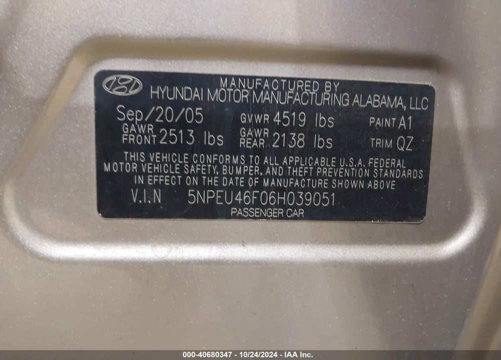 2006 HYUNDAI SONATA GLS V6/LX V6 VIN: 5NPEU46F06H039051