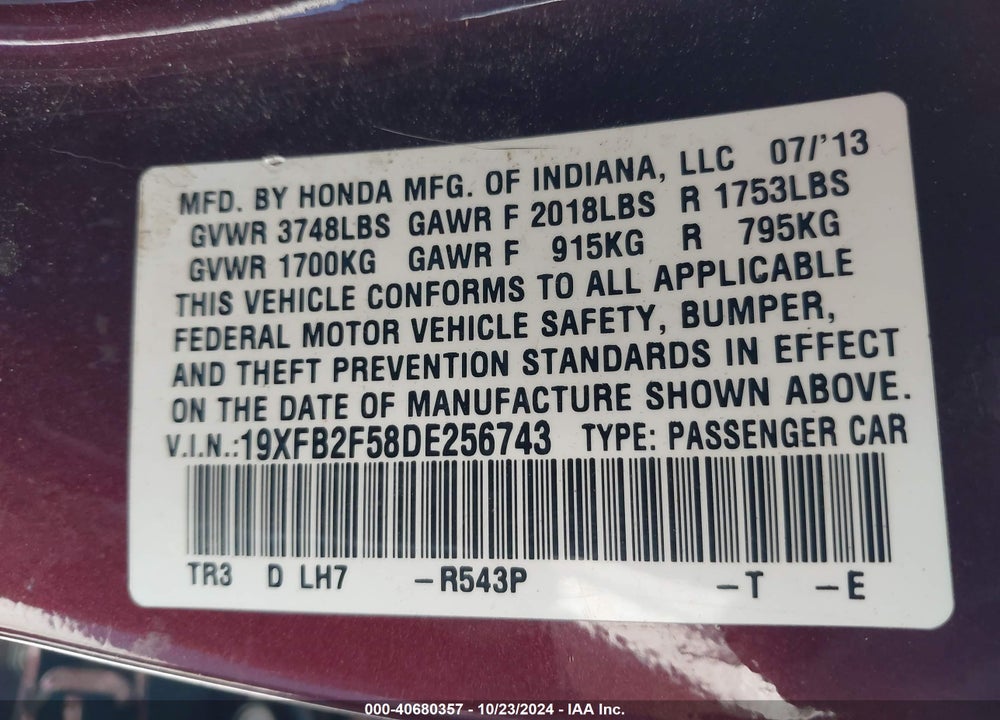 2013 HONDA CIVIC LX VIN: 19XFB2F58DE256743