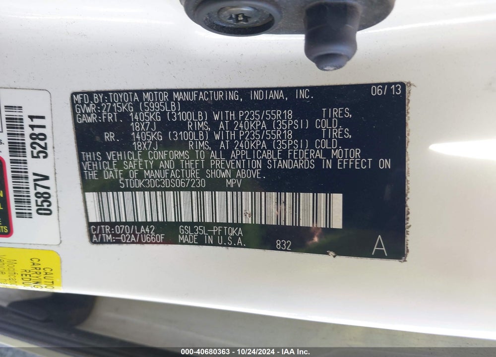 2013 TOYOTA SIENNA XLE LIMITED VIN: 5TDDK3DC3DS067230