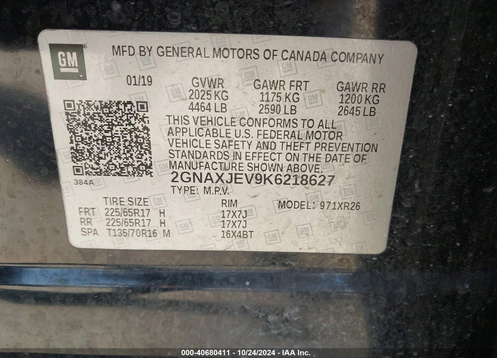 2019 CHEVROLET EQUINOX LT VIN: 2GNAXJEV9K6218627