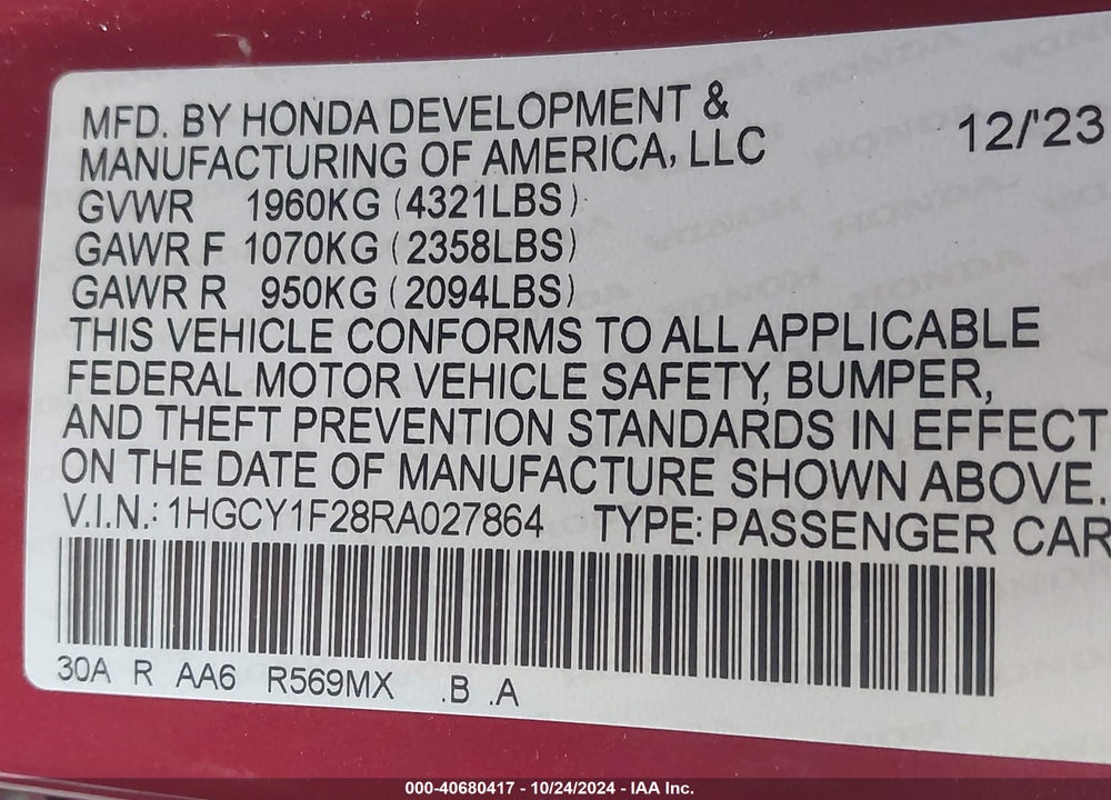 2024 HONDA ACCORD LX VIN: 1HGCY1F28RA027864