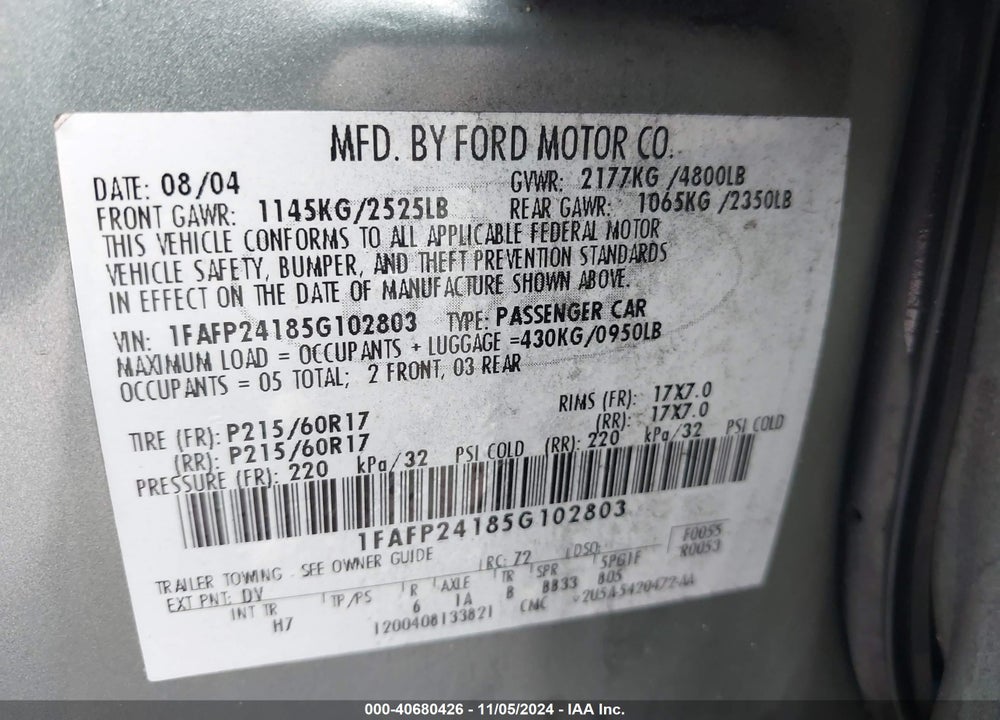 2005 FORD FIVE HUNDRED SEL VIN: 1FAFP24185G102803