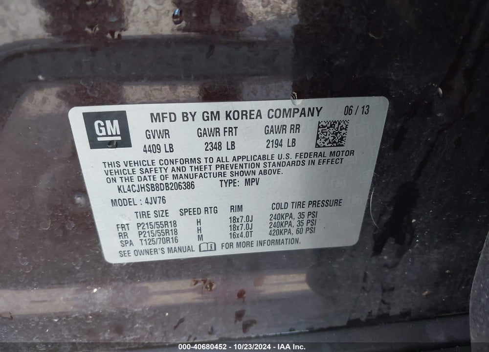 2013 BUICK ENCORE PREMIUM VIN: KL4CJHSB8DB206386