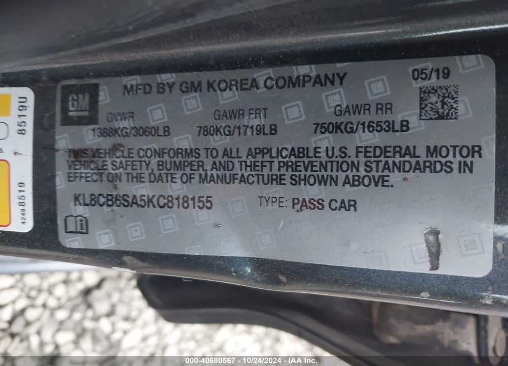 2019 CHEVROLET SPARK LS CVT VIN: KL8CB6SA5KC818155