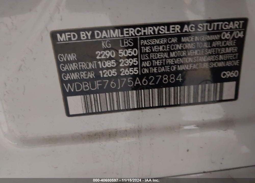 2005 MERCEDES-BENZ E 55 AMG VIN: WDBUF76J75A627884
