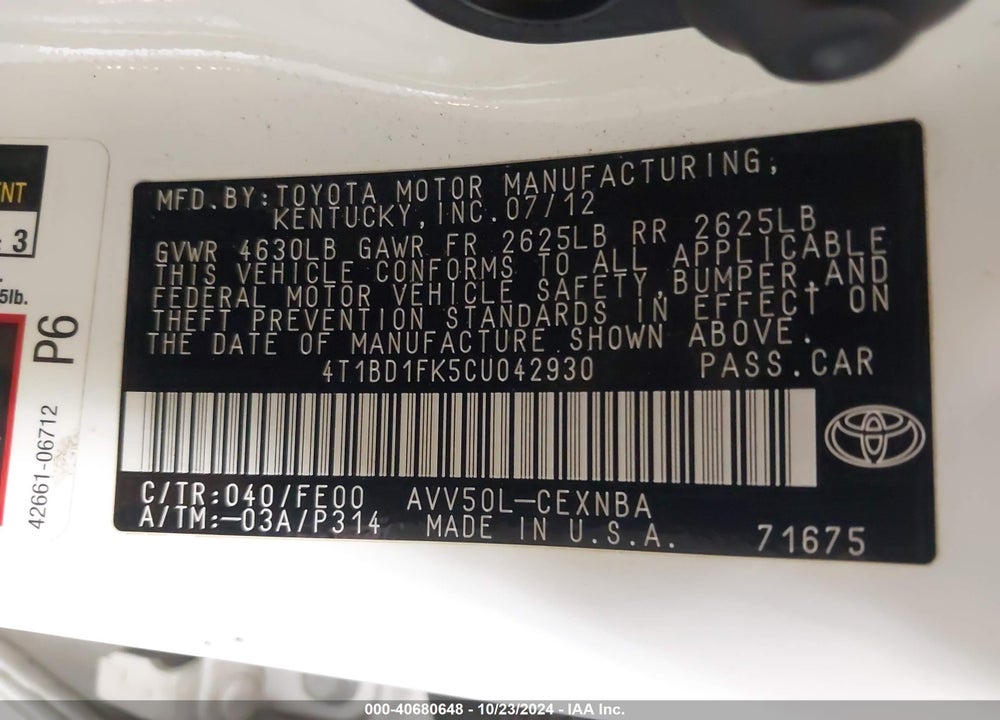 2012 TOYOTA CAMRY HYBRID LE VIN: 4T1BD1FK5CU042930