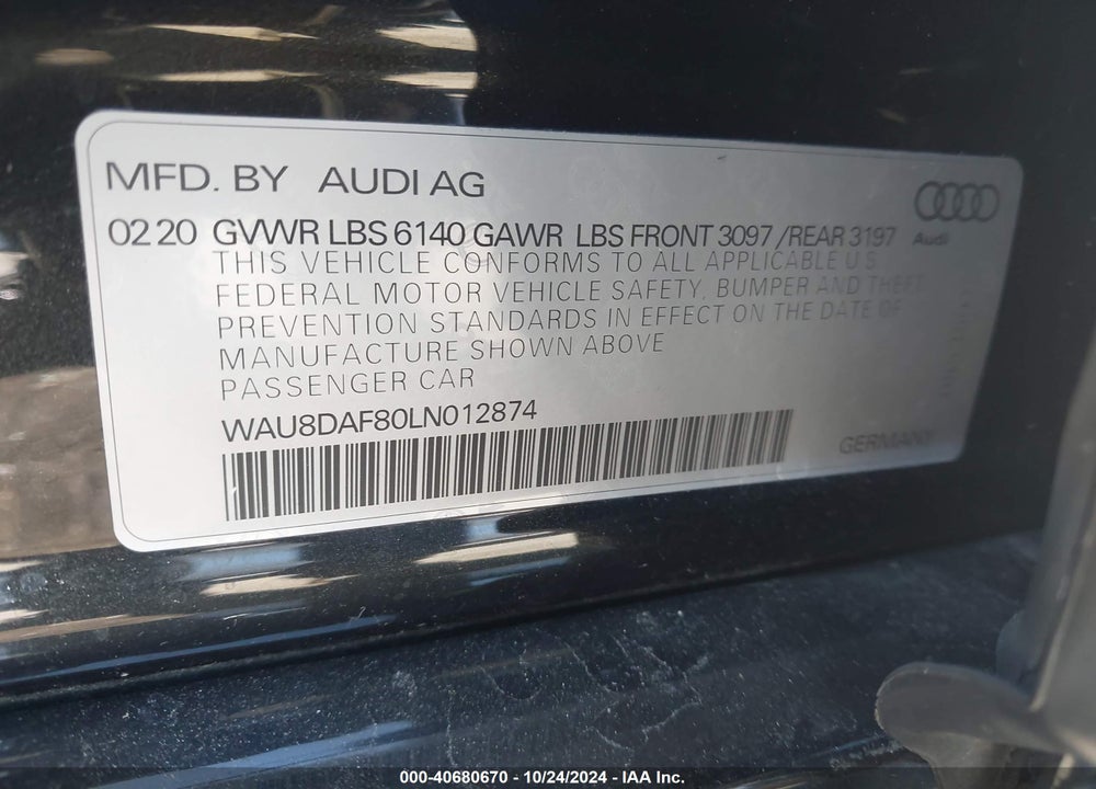 2020 AUDI A8 L 55 TFSI QUATTRO TIPTRONIC VIN: WAU8DAF80LN012874