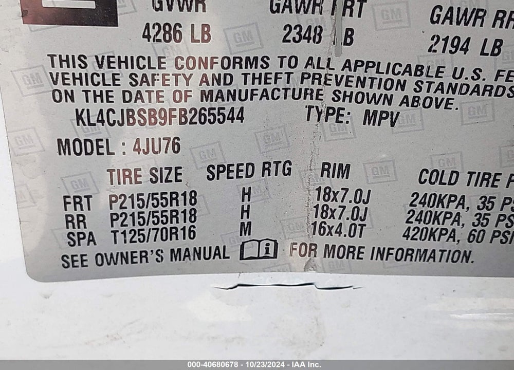 2015 BUICK ENCORE CONVENIENCE VIN: KL4CJBSB9FB265544