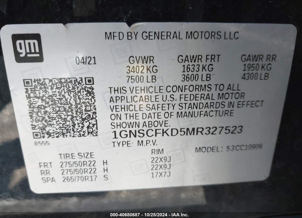 2021 CHEVROLET SUBURBAN 2WD PREMIER VIN: 1GNSCFKD5MR327523