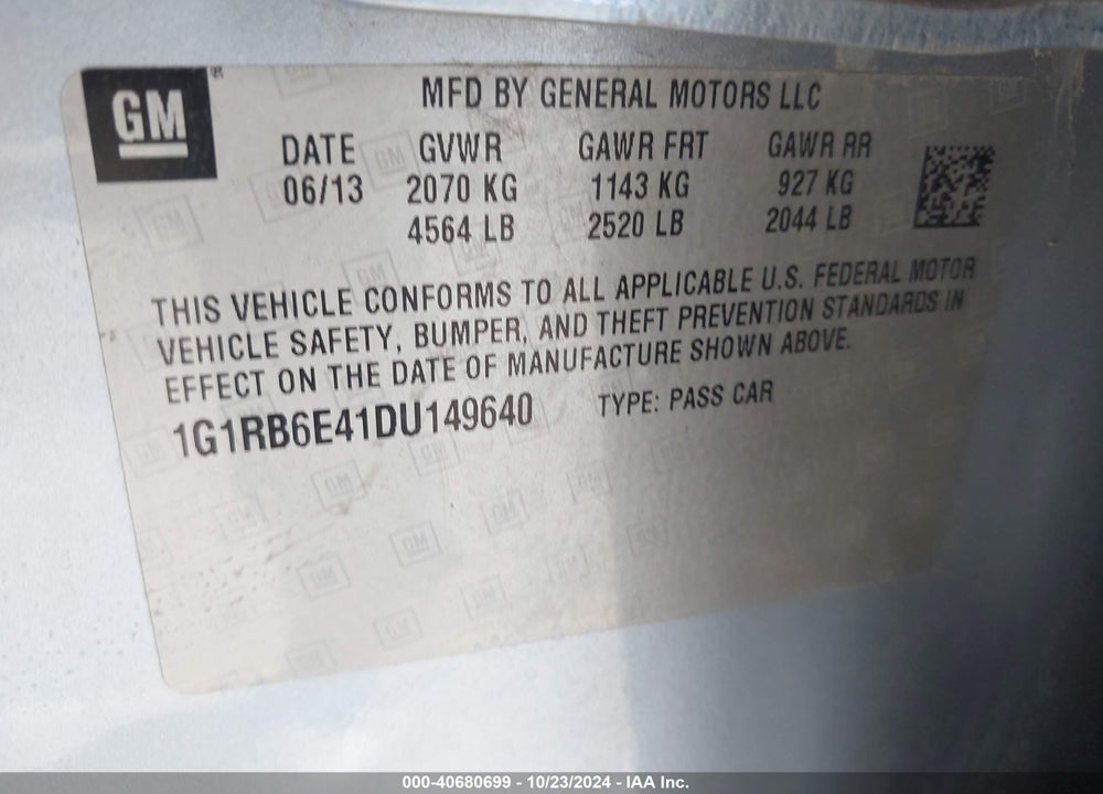 2013 CHEVROLET VOLT VIN: 1G1RB6E41DU149640