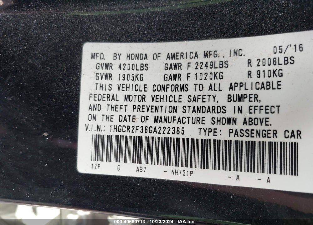 2016 HONDA ACCORD LX VIN: 1HGCR2F36GA222385