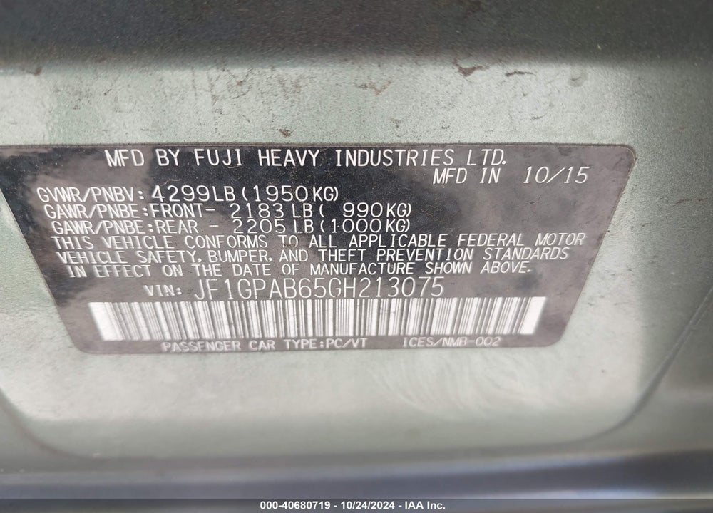 2016 SUBARU IMPREZA 2.0I PREMIUM VIN: JF1GPAB65GH213075