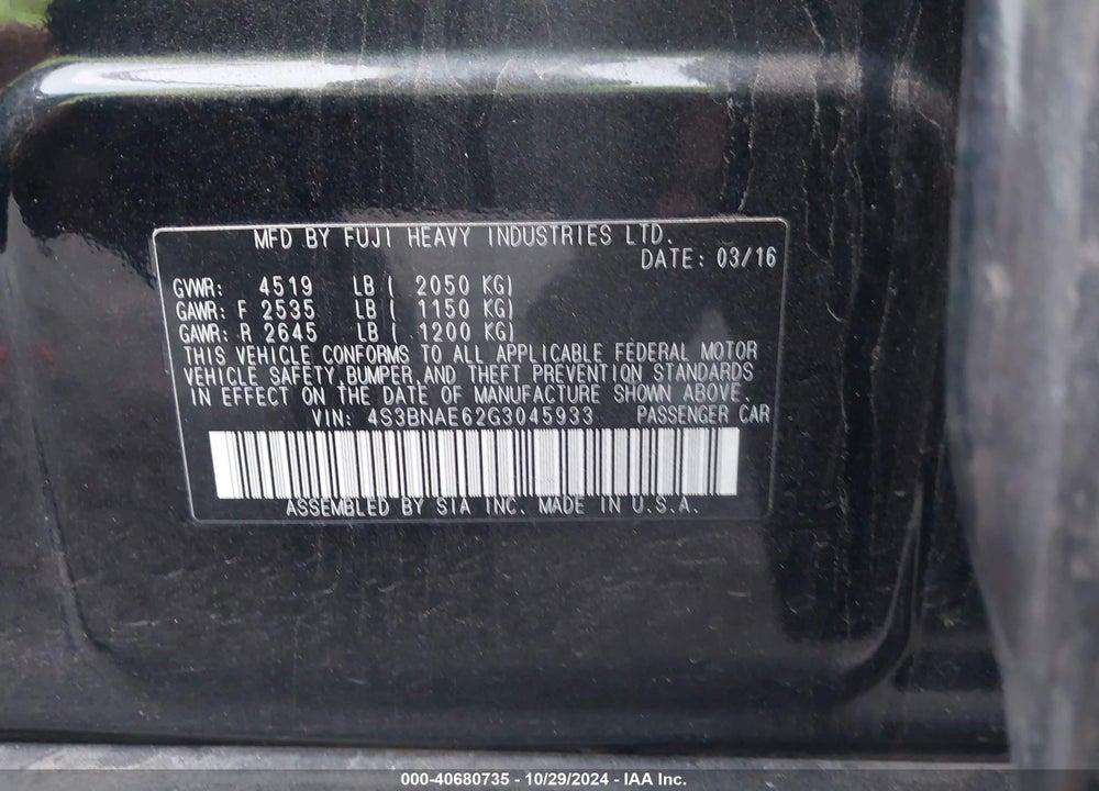 2016 SUBARU LEGACY 2.5I PREMIUM VIN: 4S3BNAE62G3045933