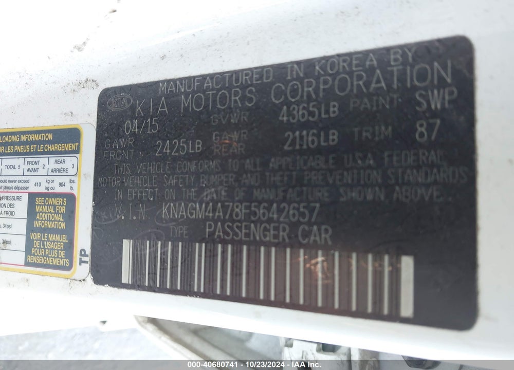 2015 KIA OPTIMA LX VIN: KNAGM4A78F5642657