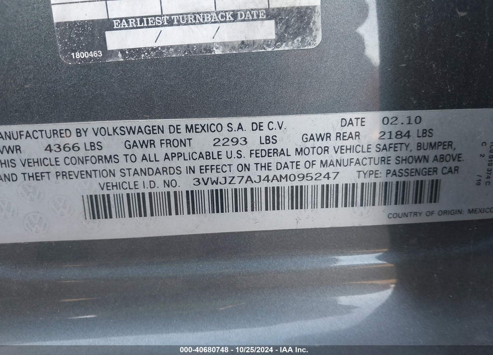 2010 VOLKSWAGEN JETTA S VIN: 3VWJZ7AJ4AM095247