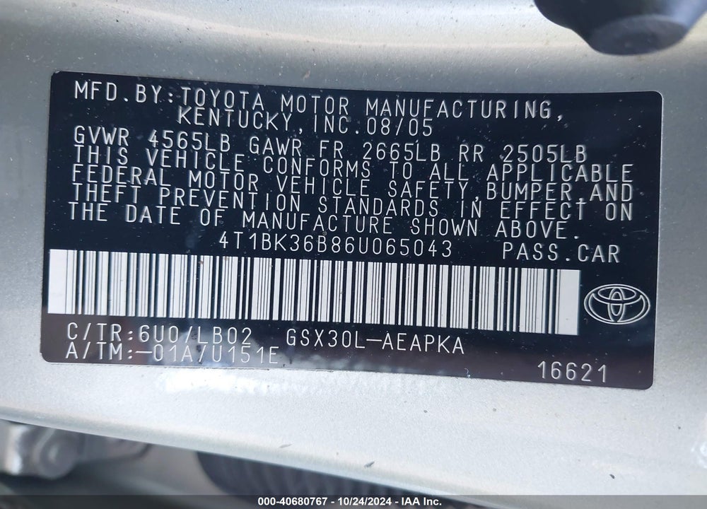 2006 TOYOTA AVALON LIMITED VIN: 4T1BK36B86U065043