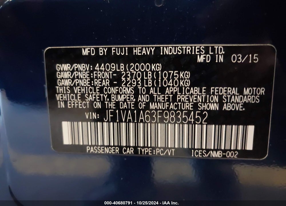 2015 SUBARU WRX VIN: JF1VA1A63F9835452