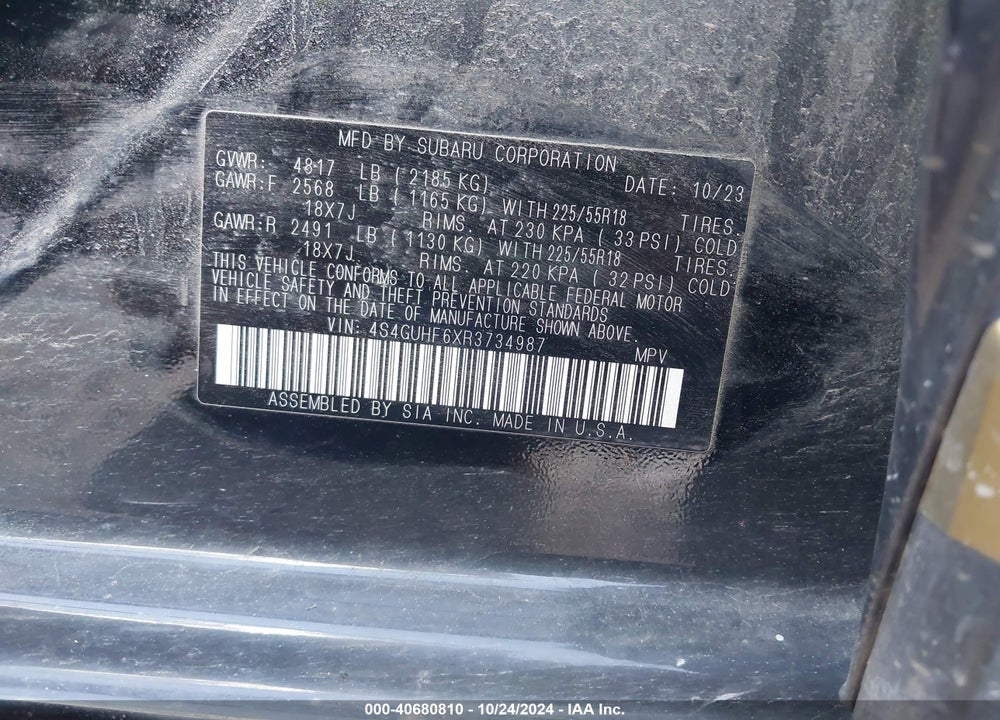 2024 SUBARU CROSSTREK SPORT VIN: 4S4GUHF6XR3734987