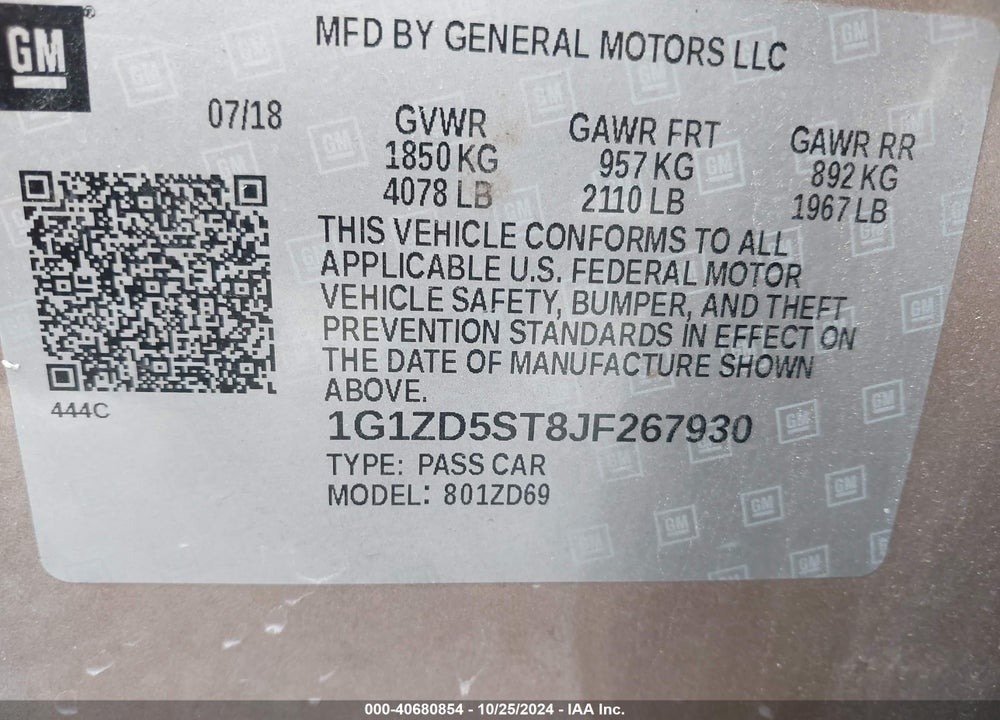 2018 CHEVROLET MALIBU LT VIN: 1G1ZD5ST8JF267930