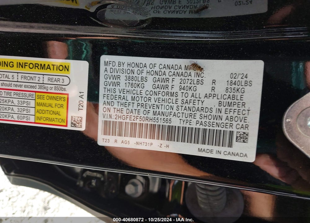 2024 HONDA CIVIC SPORT VIN: 2HGFE2F50RH551565