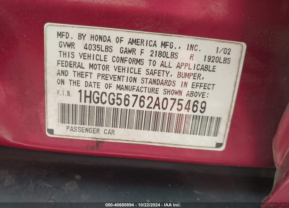 2002 HONDA ACCORD 2.3 SE VIN: 1HGCG56762A075469