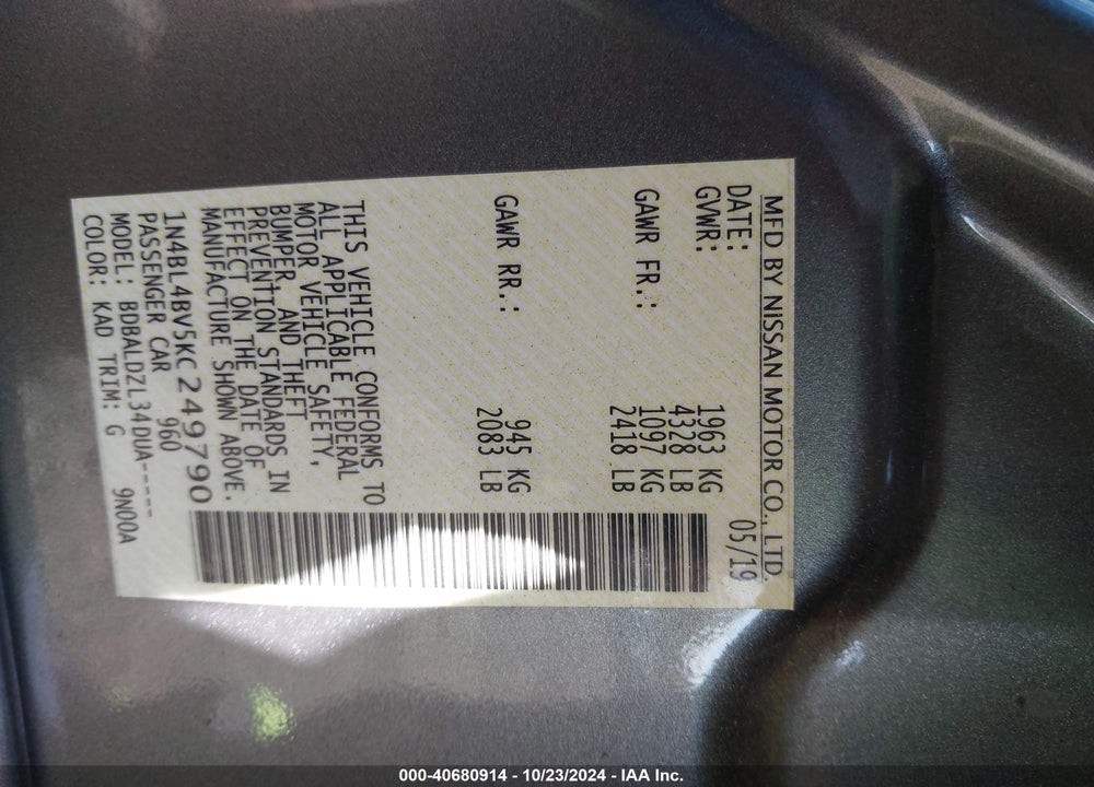 2019 NISSAN ALTIMA 2.5 S VIN: 1N4BL4BV5KC249790