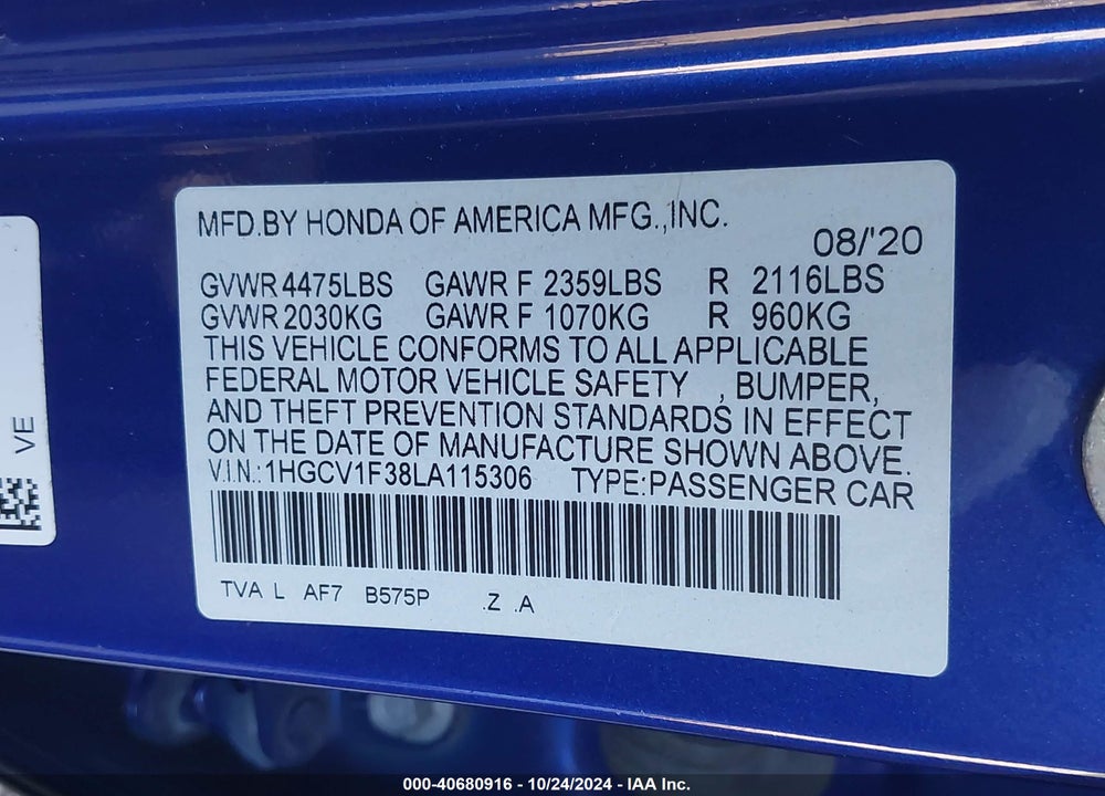 2020 HONDA ACCORD SPORT VIN: 1HGCV1F38LA115306