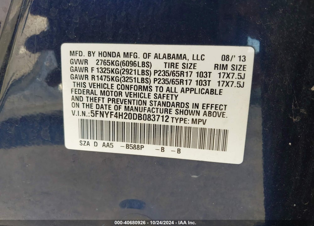 2013 HONDA PILOT LX VIN: 5FNYF4H20DB083712