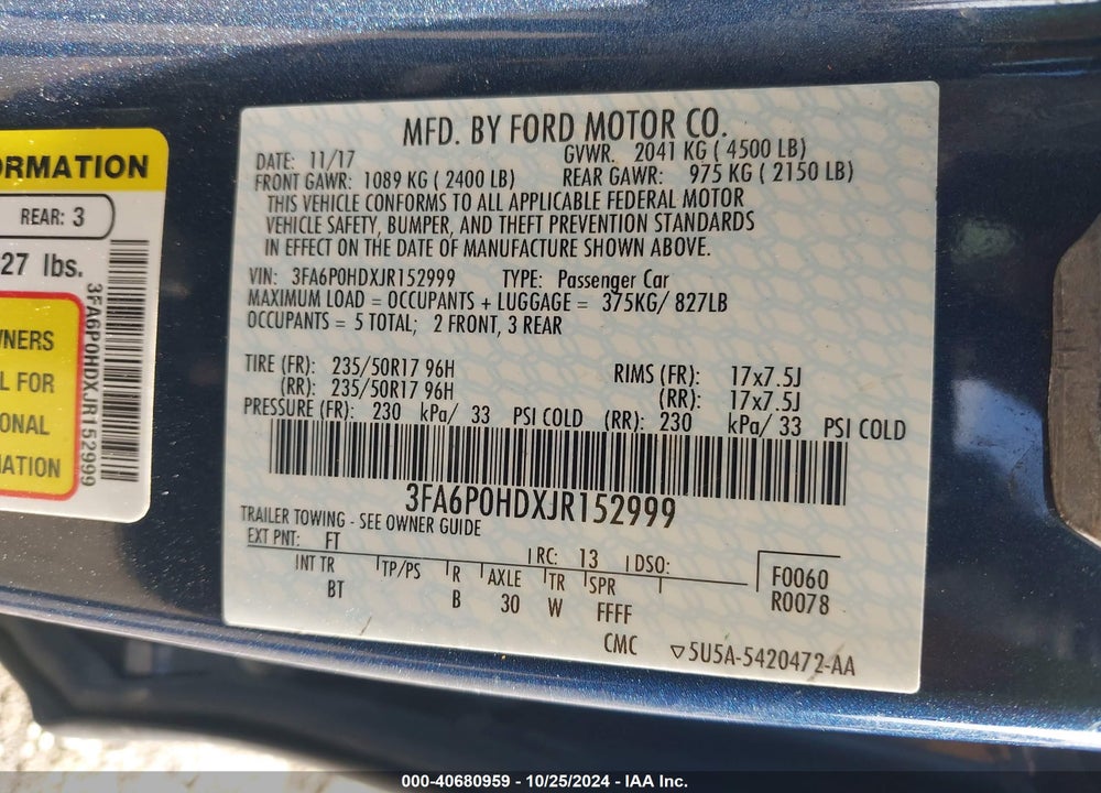 2018 FORD FUSION VIN: 3FA6P0HDXJR152999