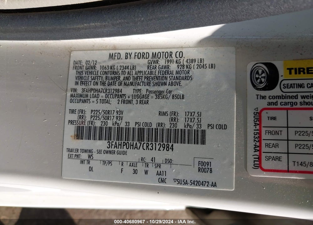 2012 FORD FUSION SE VIN: 3FAHP0HA7CR312984